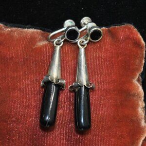 Vintage Sterling Silver Drop Screw-back Flower Earrings with Black Plastic